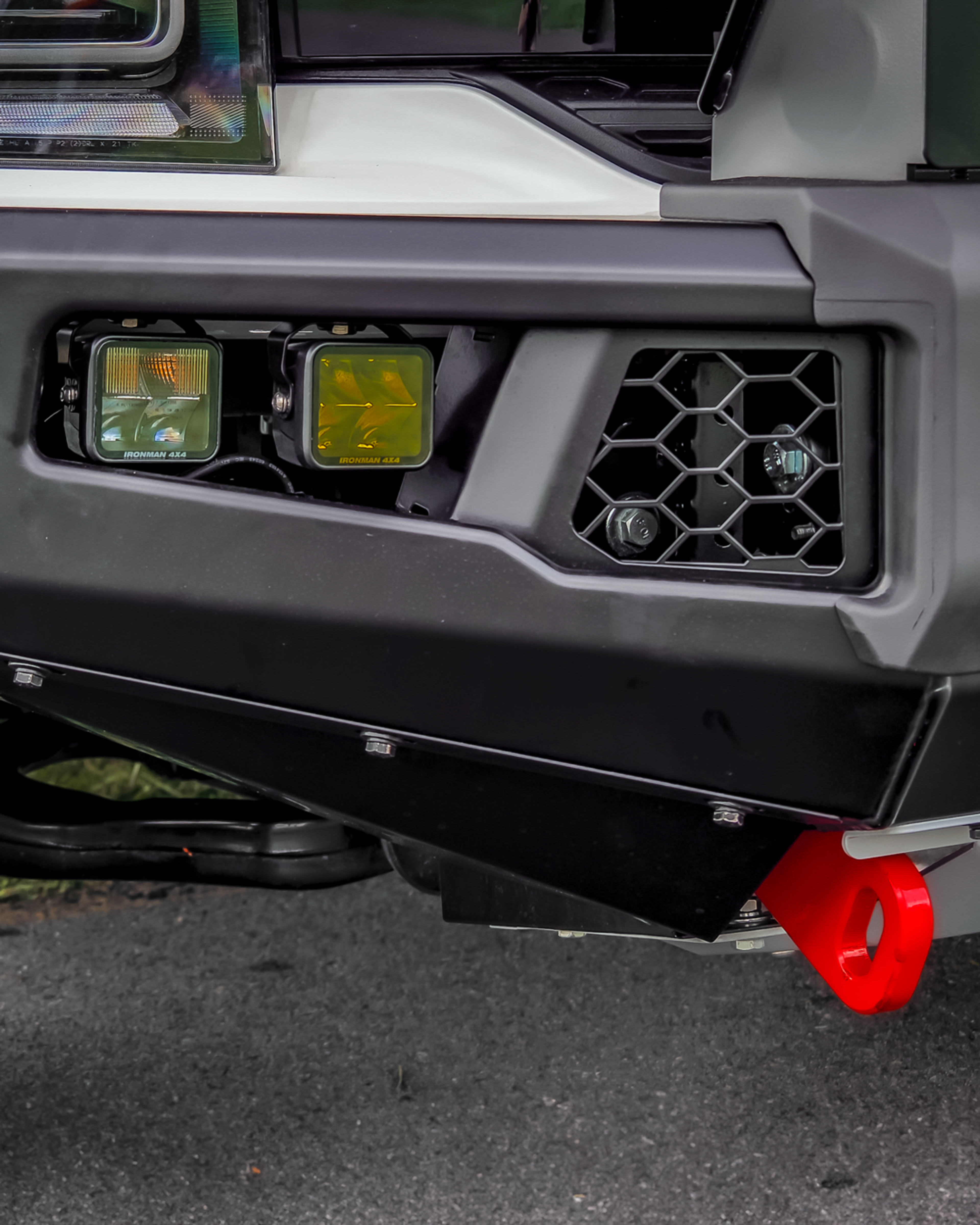 LED driving lights on F150 bull bar and red recovery points