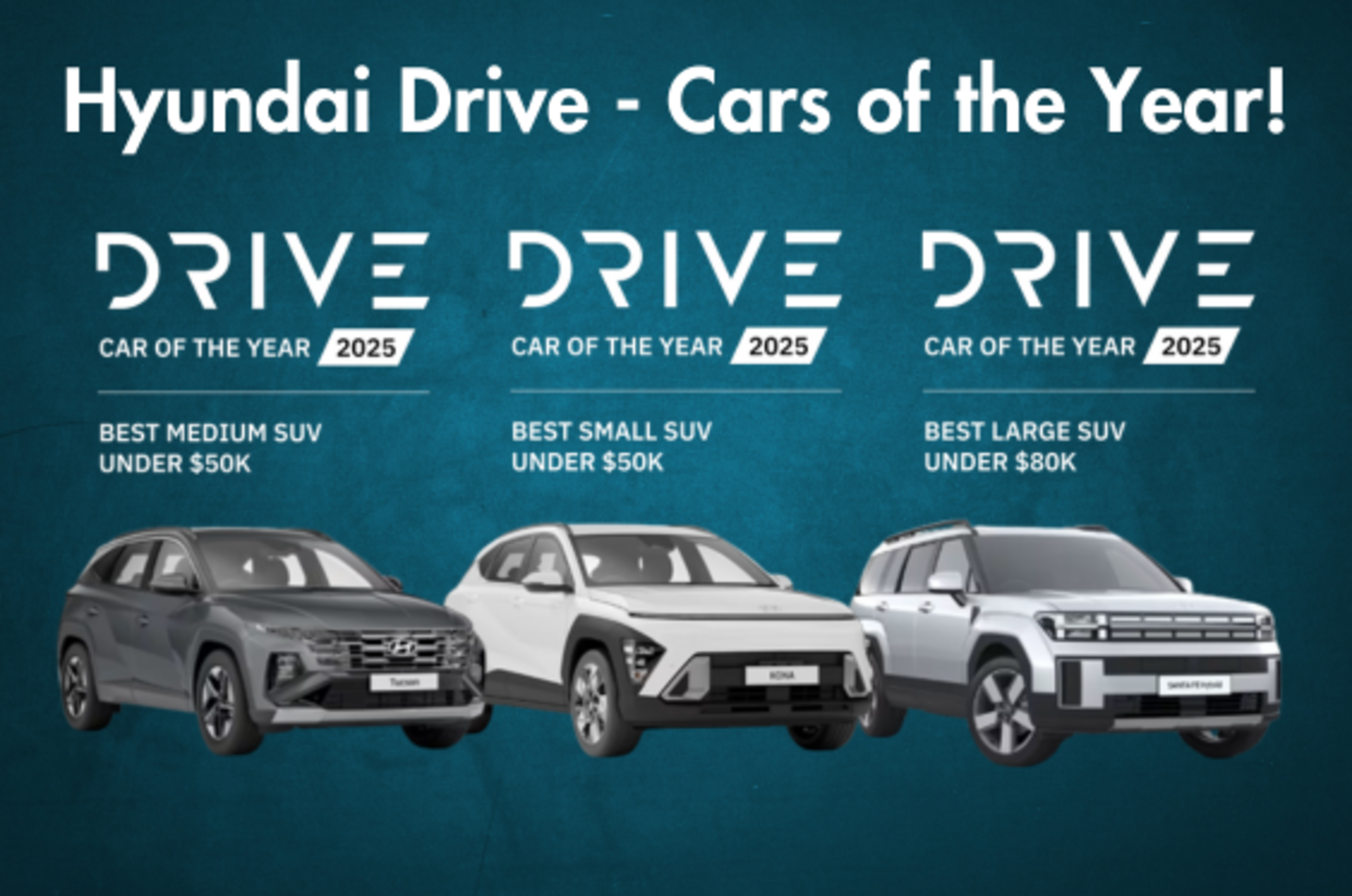 Hyundai Kona vs Santa Fe vs Tucson: Drive's Cars of the Year banner