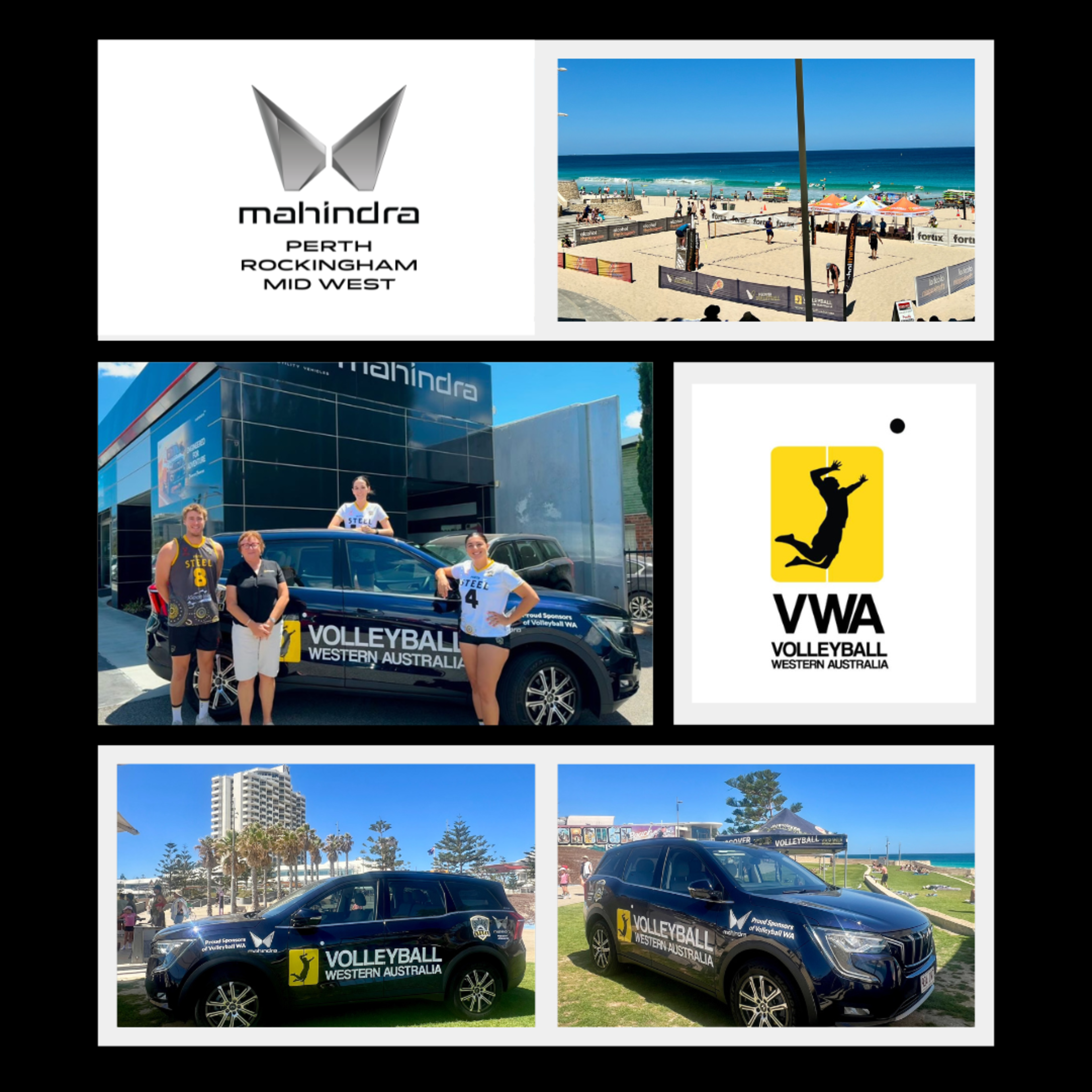 Midwest, Rockingham and Perth Mahindra Proud to Support Volleyball WA and Perth Steel banner