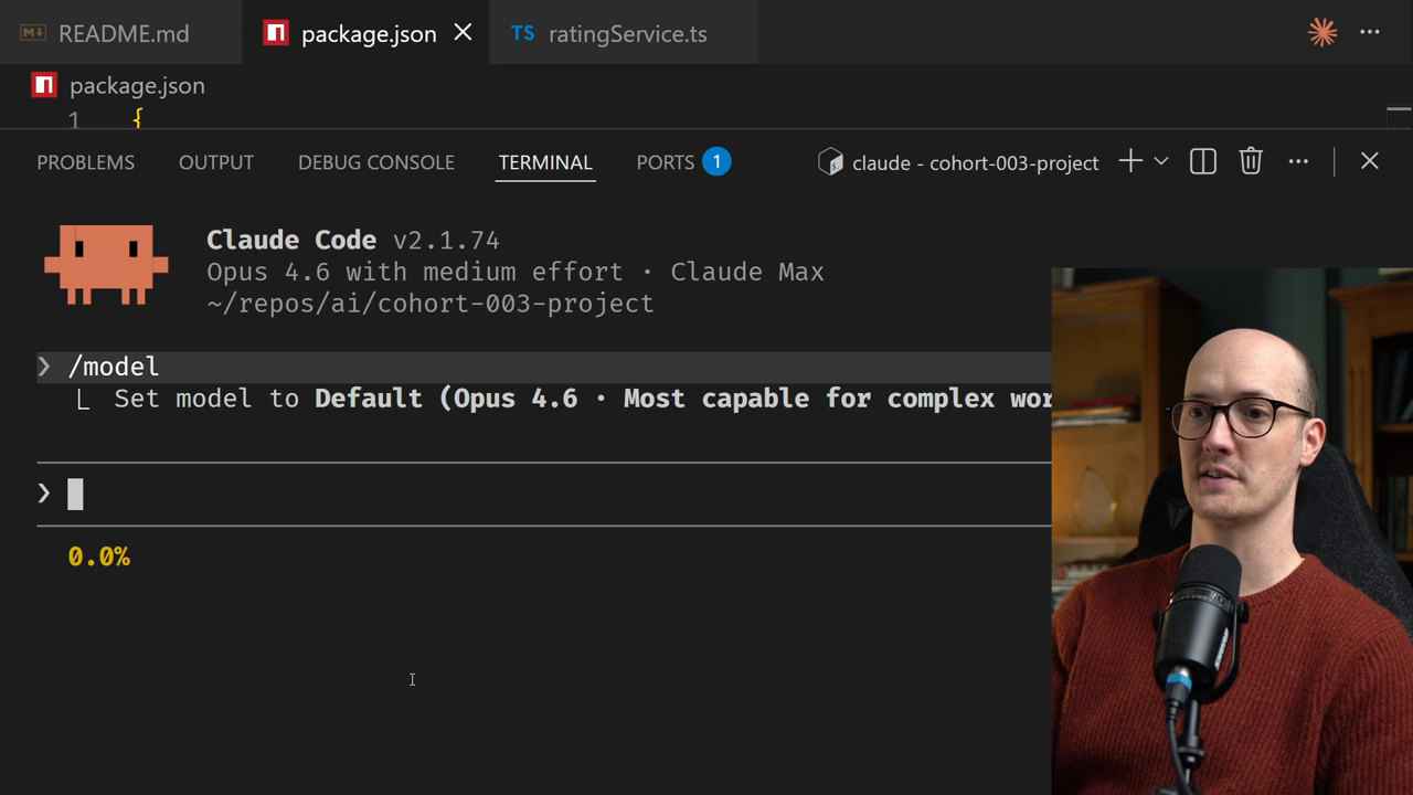 Terminal showing 'set model to default Opus 4.6' confirmation