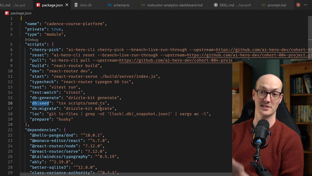 package.json showing the db scripts