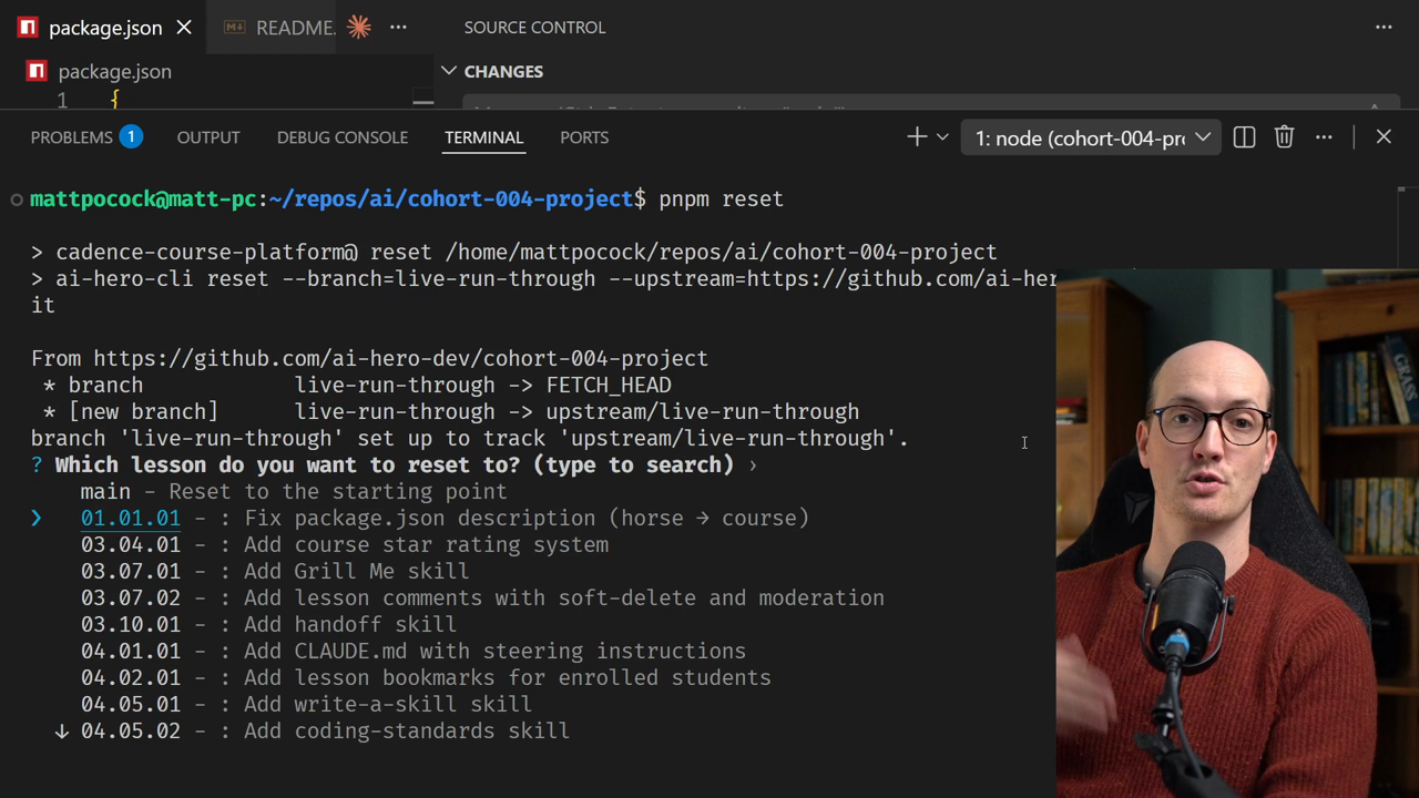 Terminal showing the list of commits available to reset to
