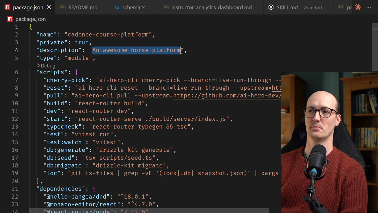 package.json showing 'awesome horse platform' description