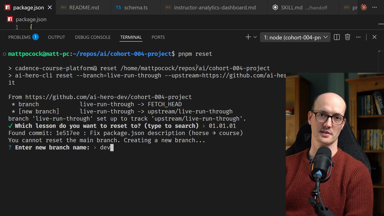 Terminal showing branch creation and package.json now showing 'awesome course platform'
