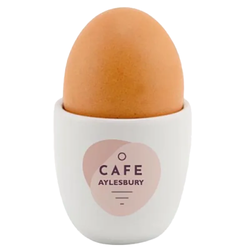 Custom branded Ceramic Egg Cups with a company logo printed on the side from Total Merchandise