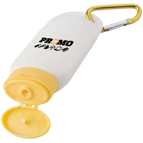 Branded F30 Travel Sunscreen Bottles with a yellow cap from Total Merchandise