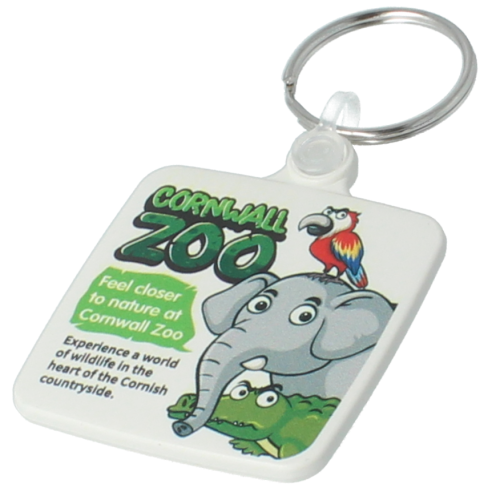 White Promotional Recycled Plastic Square Keyrings with Company Logos