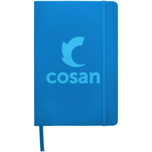 Logo printed A5 Budget Soft Touch Notebooks in light blue available from Total Merchandise