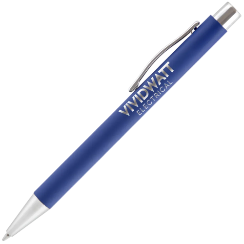 Custom engraved soft feel pens as promotional giveaways in blue
