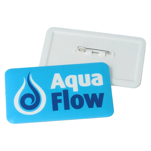 Promotional 70mm Rectangle Plastic Button Badges with Company Logos