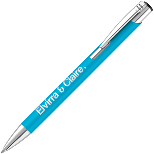 UK Branded Mood® Soft Feel Metal Ballpens in Cyan Engraved with a Logo by Total Merchandise
