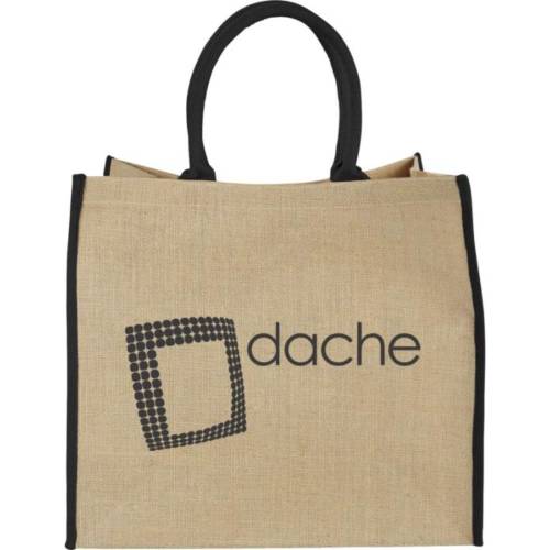 Custom branded Coloured Edge Jute Tote Bags with a promotional printed design from Total Merchandise