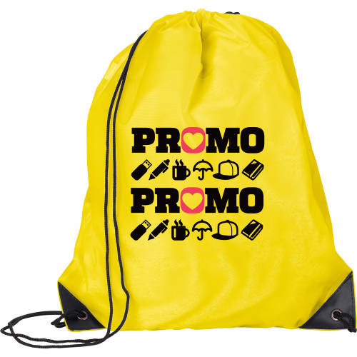 Promotional rPET Drawstring Bag in yellow colour with branding on the front by Total Merchandise