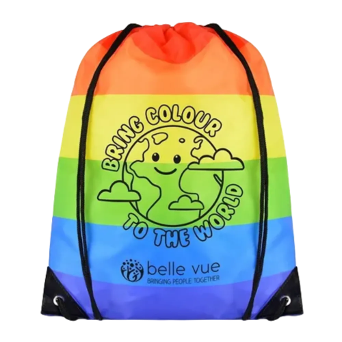 Promotional Rainbow Drawstring Bags printed with a company logo by Total Merchandise