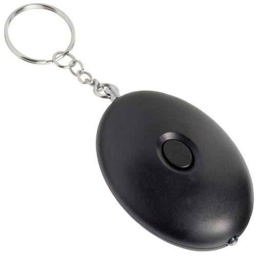 Custom printed Personal Alarms in black supplied with steel keyring by Total Merchandise