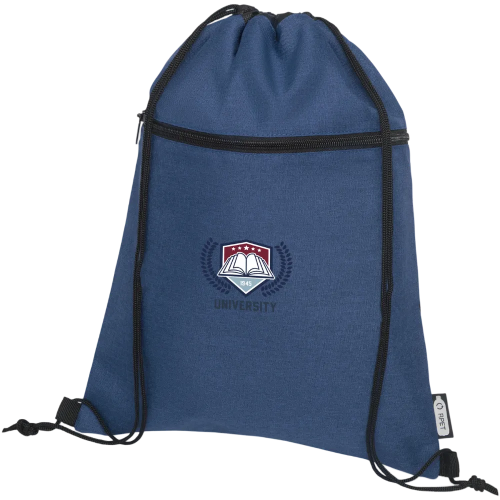 Branded Ross Recycled Drawstring Backpack in heather navy with printed design by Total Merchandise