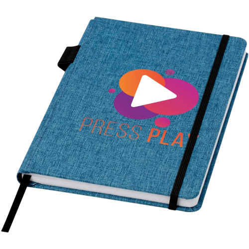 Branded A5 RPET Notebooks in a heather grey colour with printed logo by Total Merchandise