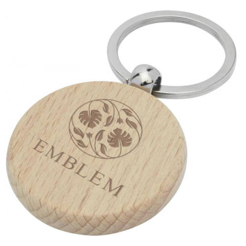 Branded Round Beech Wood Keyrings with engraved design by Total Merchandise