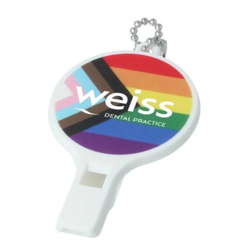 Promotional Rainbow Whistles in White with a Keychain Attachment from Total Merchandise