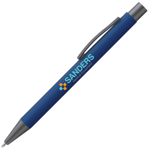 Promotional Bowie Soft Touch Antimicrobial Ballpens in Navy Blue with Logo by Total Merchandise