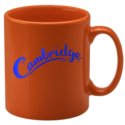 Orange Promotional Cambridge Mugs with spot colour printed logo design by Total Merchandise