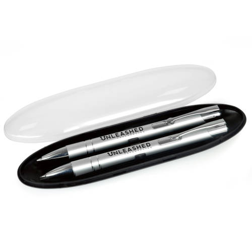 Promotional Beck Pen and Pencil Sets in silver with printed logo design by Total Merchandise