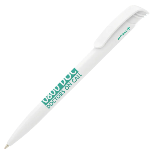 Promotional Koda Antibacterial Ballpens in white printed with a logo by Total Merchandise