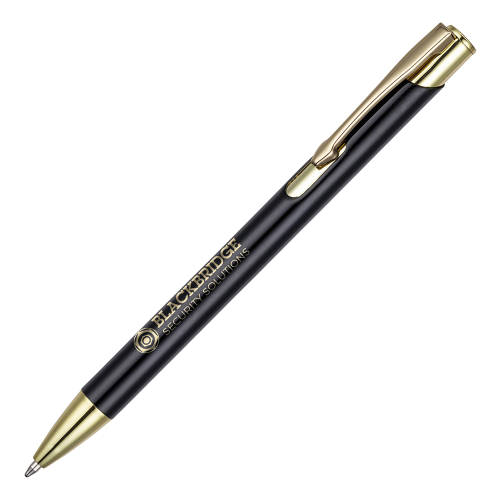 Custom metal Beck ballpen in black & gold engraved with a logo from Total Merchandise