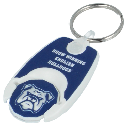 UK Branded Recycled Pop Trolley Coin Keyrings in White Printed with a Logo by Total Merchandise