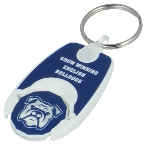 UK Branded Recycled Pop Trolley Coin Keyrings in White Printed with a Logo by Total Merchandise