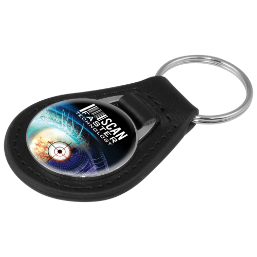 Promotional Emperor Circle Leather Keyring in Silver with a company design from Total Merchandise