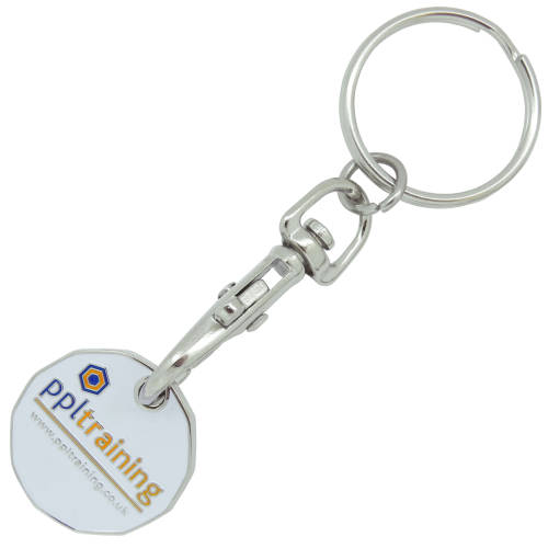 Custom branded Enamel Trolley Coin in a Nickel colour personalised with an example logo