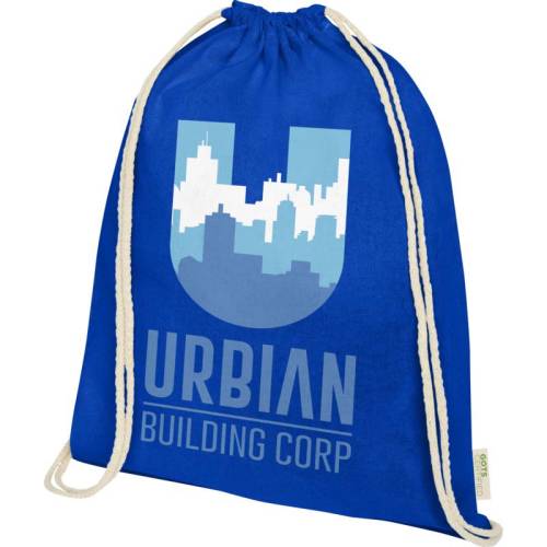 Custom Printed Organic Cotton Drawstring Backpacks in Royal Blue with a Logo by Total Merchandise