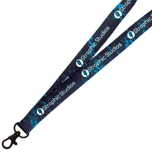 White Branded Lanyard Printed all Over with a Full Colour Logo supplied with Black Plastic Clip