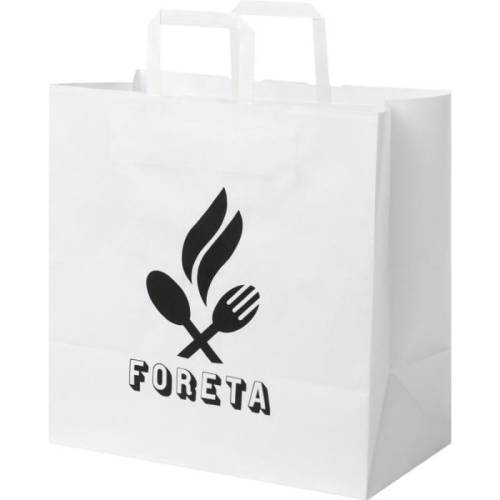 Branded XL White Kraft Paper Bags with Flat Handles with a design from Total Merchandise