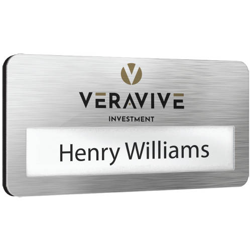 UK Printed Metal Window Staff Name Badges in Silver Grain from Total Merchandise