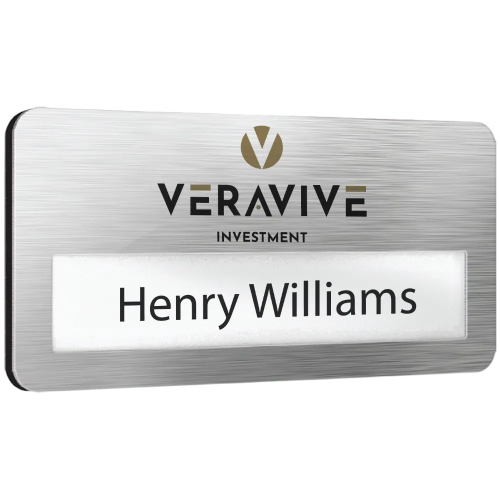 UK Printed Metal Window Staff Name Badges in Silver Grain from Total Merchandise