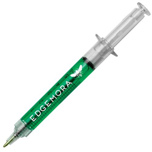 Promotional green syringe pen printed with a company logo from Total Merchandise