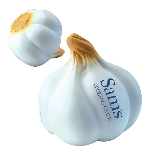 Custom printed Stress Garlic with a company logo branded onto the side from Total Merchandise