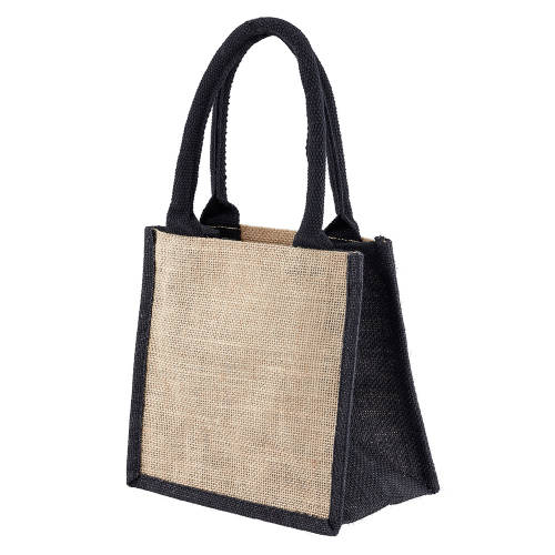 Branded Wells Jute Tiny Gift Bags in Black with a Printed Logo by Total Merchandise