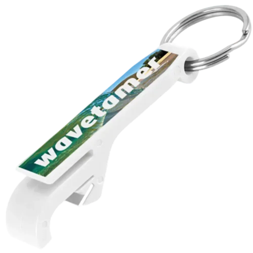 Branded Plastic Bottle Opener Keyrings in White Printed with Your Logo from Total Merchandise
