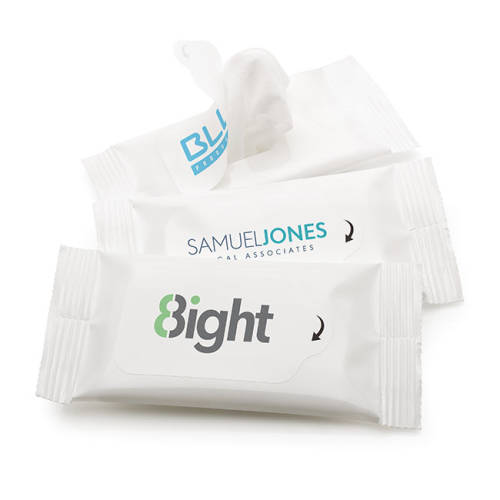 Corporate Branded Pack of 5 Wet Wipes in White with Printed Label by Total Merchandise