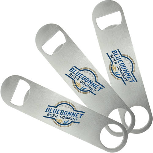 Custom branded Bar Blade Bottle Openers printed with a company design from Total Merchandise