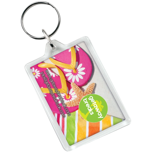 Full colour printed Plastic Rectangular Keyrings branded with a company logo from Total Merchandise
