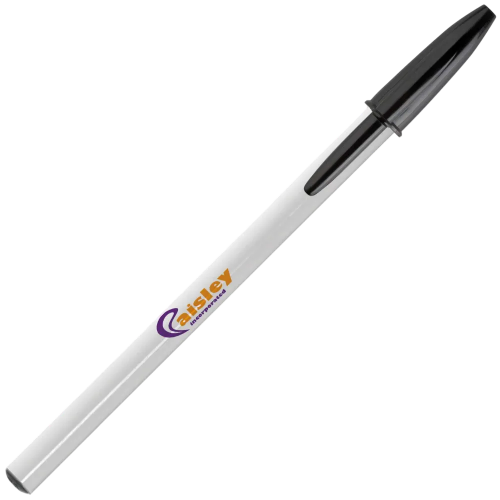 Promotional BiC Style Ballpens in Opaque White/Black with Logo from Total Merchandise