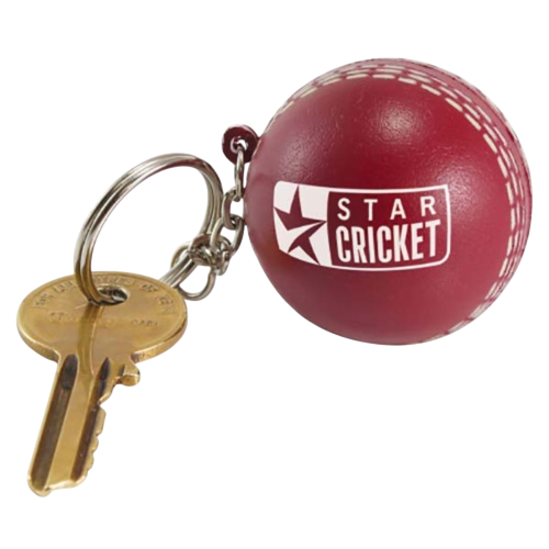 Logo Branded Stress Cricket Ball Keyrings in Burgundy printed with your logo from Total Merchandise