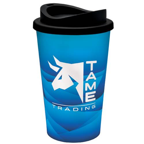 Full colour branded travel mugs with a standard lid from Total Merchandise