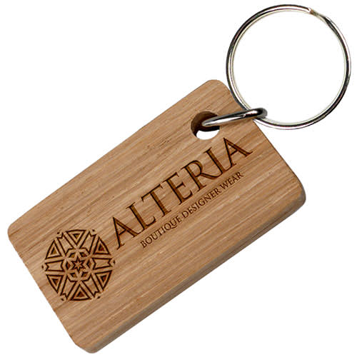 UK Made Oak Real Wood Oblong Keyring with Engraved Logo by Total Merchandise