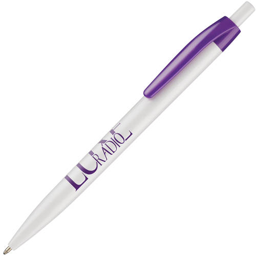 Promotional white and purple supersaver click ballpens printed with a logo from Total Merchandise