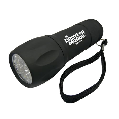 Logo branded Soft Feel LED Torches in Black from Total Merchandise